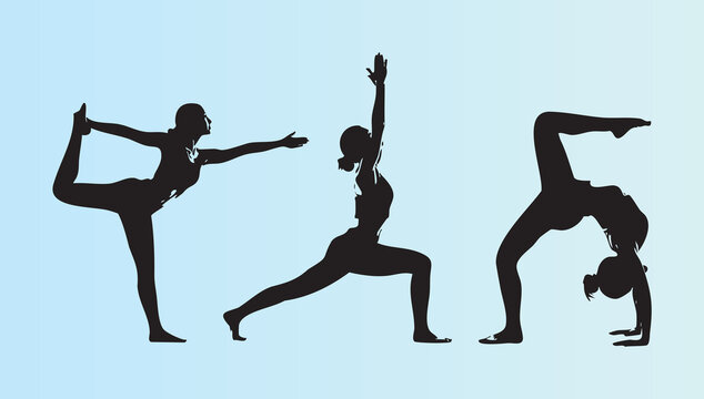 Silhouette of three people performing different yoga poses with grace and balance isolated illustration