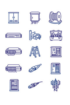 Telecom toolbox icons cable connector infrastructure mounting box vector icon service