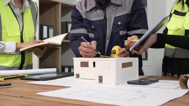 Engineers and construction workers review blueprints with a small house model and tools on a desk, planning a building project in an office setting.