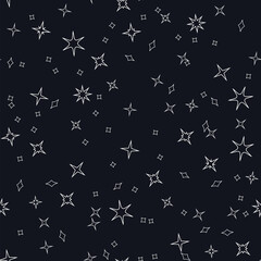Fototapeta premium Seamless pattern of white stars scattered across a dark background, starry sky vector