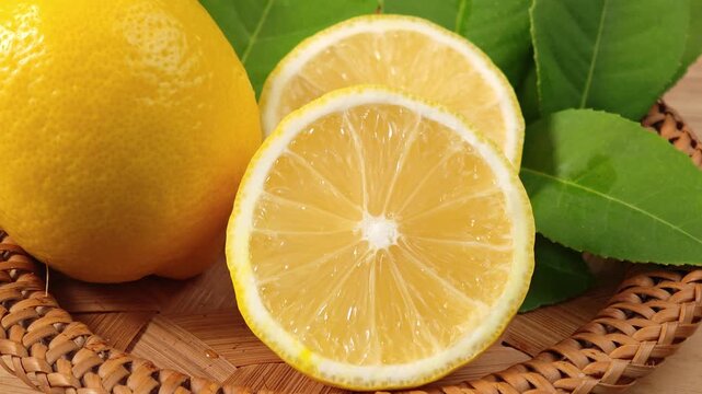 Fresh lemons with leaves in a basket.