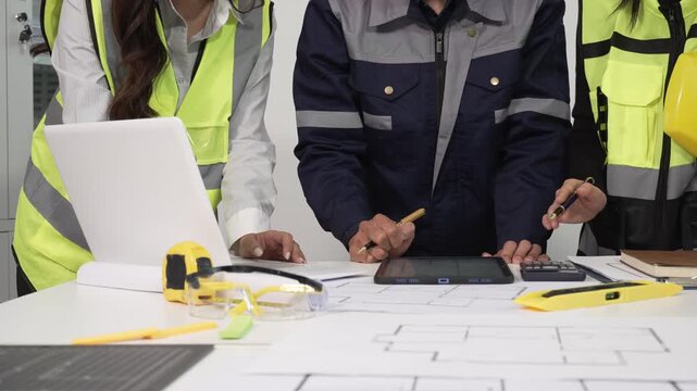 Construction engineers in safety vests review blueprints on a desk with laptop, calculator, measuring tape and hard hat, planning a building project in an office meeting.