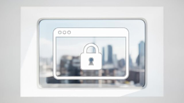 Security window overlay shows a padlock over a blurred cityscape background