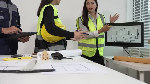 Architects and engineers in safety vests discuss floor plan at office table with blueprint, laptop and monitor showing house layout, construction planning meeting.