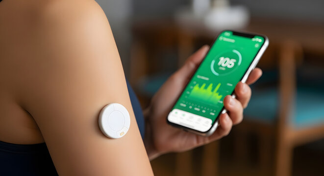 A person's arm with a continuous glucose monitor attached, displaying data on a smartphone screen.