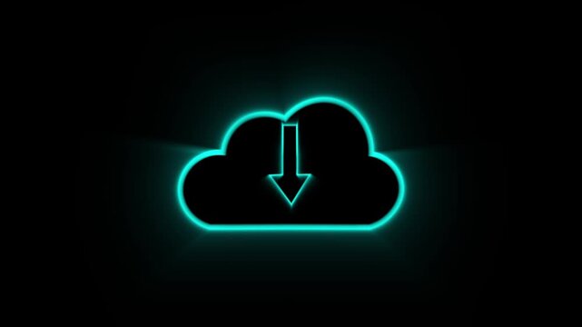 Neon cloud icon with downward arrow on a dark background art. Cloud icon for data download. Professional cloud icon graphic element for technology and digital server visual art.