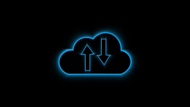 Neon cloud icon with up and down arrows on a dark background. Cloud icon for data storage. Professional cloud icon graphic element for technology and digital server visual art.