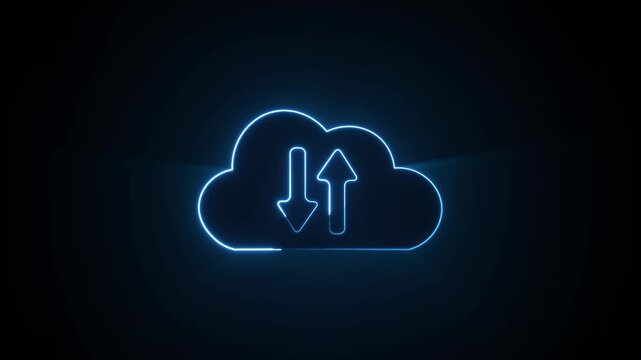 Glowing neon cloud icon with bidirectional arrows. Cloud icon for data storage transmission. Professional cloud icon graphic element for technology and digital server visual design.