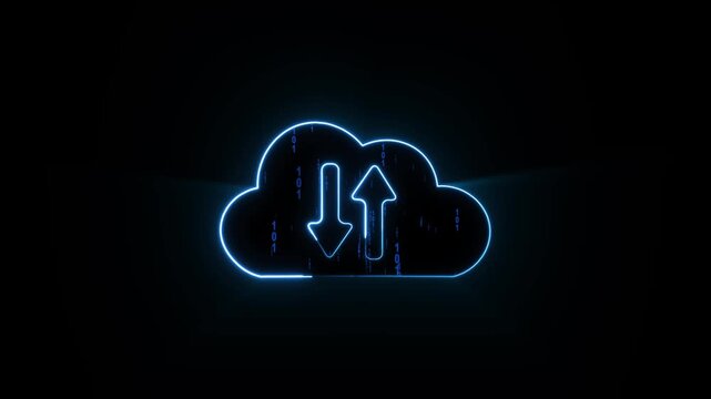 Glowing cloud computing icon with binary code arrows design. Cloud computing icon for data transfer. Professional cloud computing icon for technology and digital server visual art.