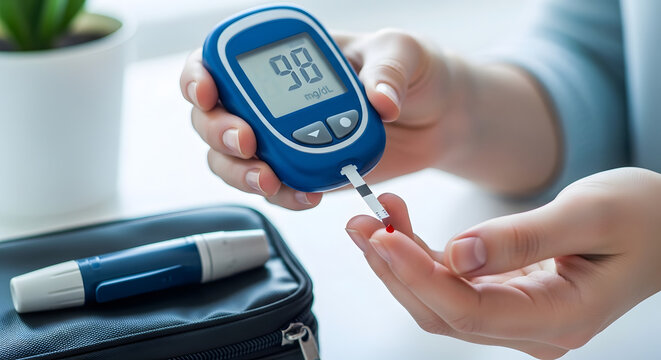 Close-up of a person using a glucose meter to check their blood sugar level, with a lancet device and case in the background.