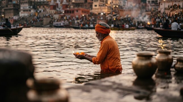 Man performs ritual in the Ganges River at sunrise