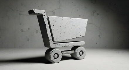 Heavy duty concrete shopping cart sculpture standing on raw cement floor representing industrial retail consumption and solid consumer market infrastructure.