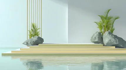Fototapete Toilette Golden tiered display platform in calm water with large grey rocks and green tropical palm  © Archana