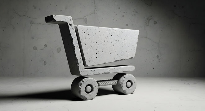 Heavy duty concrete shopping cart sculpture standing on raw cement floor representing industrial retail consumption and solid consumer market infrastructure.
