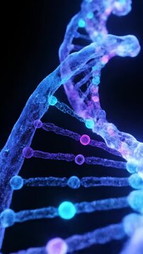 glowing blue and purple DNA helix structure rotating slowly with small particles floating around, representing genetic code, science, and biology