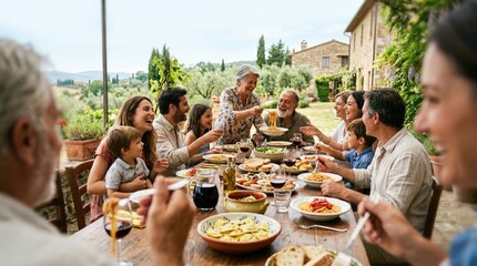 Naklejka premium Family enjoying a meal together outdoors in a Tuscan setting