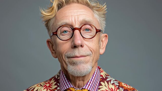 Elderly Caucasian man with stylish glasses and colorful patterned jacket poses confidently, showcasing unique fashion sense against a neutral background