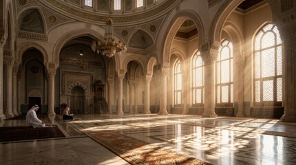 Obraz premium Sunlight Streaming through Tall Windows of a Grand Interior Hall