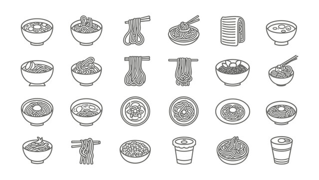 Diverse Bowl of Noodles Icons: Collection of icons showcase various styles of noodle dishes, perfect for culinary themes, menu design, or illustrating global cuisine.