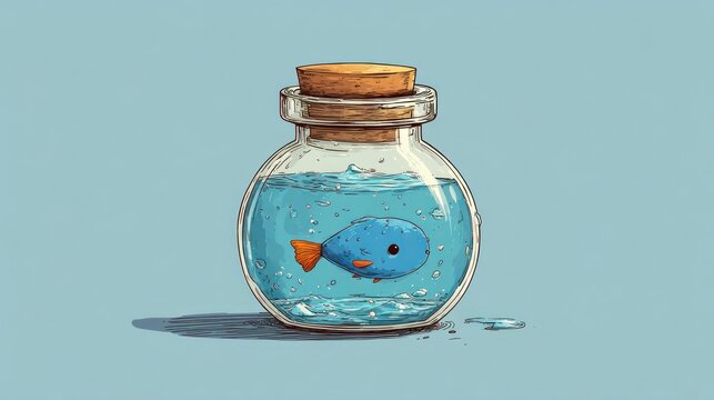 Cartoon fish in a bottle conceptual illustration of containment freedom and nature
