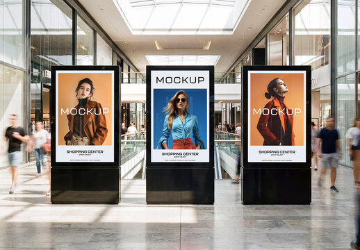 Three Vertical Digital Billboards in Modern Shopping Center Interior Mockup