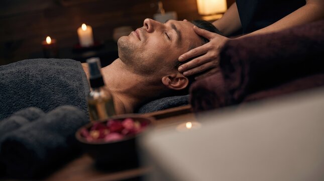 Man receiving a relaxing head massage in a dimly lit spa with candles and rose petals
