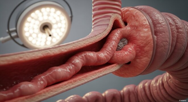 Surgical view of an intestinal obstruction, with surgical lamp in background