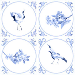 Obraz premium Set of watercolor bird and floral oval frames with decorative scroll corners on white background for invitations, stationery, and spring designs.