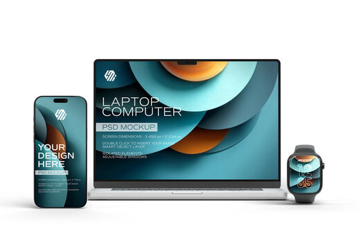 Smartphone, Laptop and Smartwatch Mockup on Transparent Background