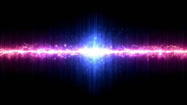 Intense blue and purple energy beam with horizontal lightning effects on a solid black