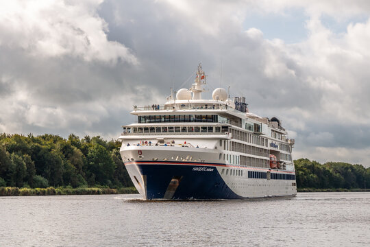 Expedition cruise ship Hanseatic Nature navigating Kiel Canal, Schleswig-Holstein, Germany