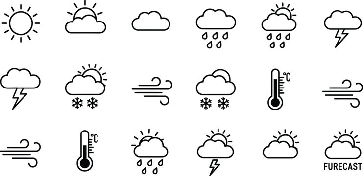 Minimalist weather forecast outline icons including sun, rain, snow, and wind.