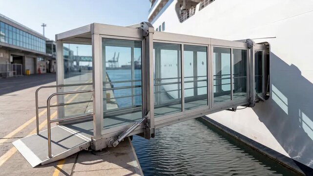 Passenger boarding bridge connected to cruise ship at port, enabling safe embarkation, transport logistics, maritime travel operations and infrastructure management.