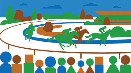 Naklejka premium Horses and jockeys compete in a high-speed race on a stylized track while spectators watch from the stands.