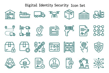 Fototapeta premium Digital identity security icon set for industrial supply chain logistics and cargo transportation.