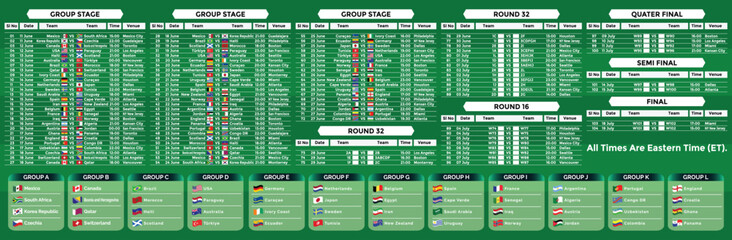 Obraz premium 2026 World Football Tournament Group Stage Draw Infographic and Match Schedule Printable Wall Chart with National Teams Flags USA Mexico Canada International Soccer Championship Groups Table Template