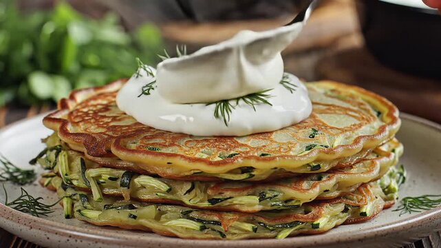 Delicious Stack of Zucchini Pancakes with Creamy Topping and Dill Garnish.