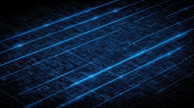 Glowing blue circuit lines forming diagonal grid on dark plane