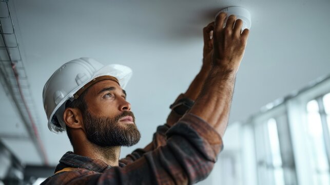 Male electrician installing smoke detector on ceiling in modern office environment for safety poster and building maintenance banner