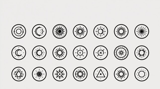Sun and moon icon set displayed in white grid background
