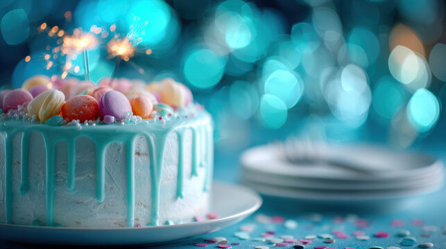 Blue frosted birthday cake with lit candles and sprinkles on plate against blurred festive lights background with copy space for celebration greeting