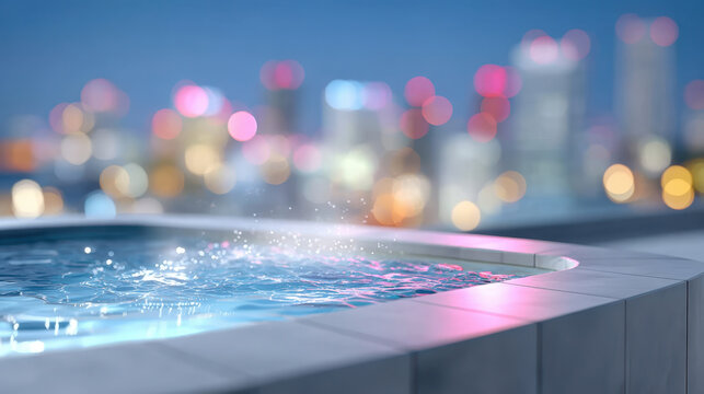 Rooftop jacuzzi at night with neon city skyline bokeh and pink blue reflections for luxury spa banner design and urban wellness advertising, rooftop pool travel marketing campaign