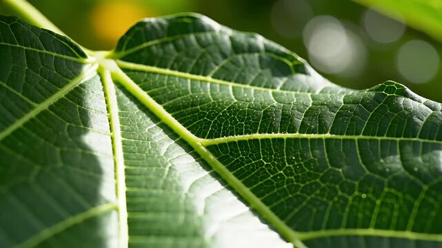 Closeup of a vibrant green fig leaf with intricate vein patterns.