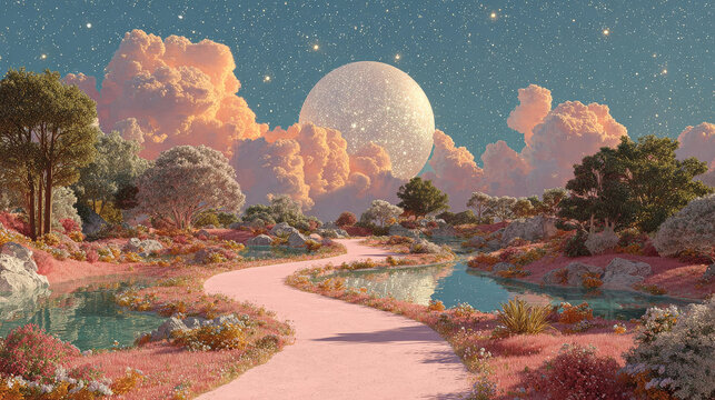 Fantasy landscape with silver moon, green trees, dreamy sky, pastel clouds and magical light, ethereal digital art background with cosmic atmosphere and whimsical scenery