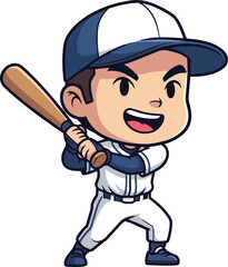 A cartoon boy in a baseball uniform swings a bat enthusiastically outdoors. © faisalaladabi