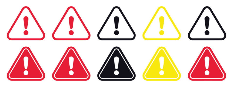 Alert and warning icon collection featuring precaution marks, danger signs and safety symbols, ideal for ui, signage and risk awareness design.