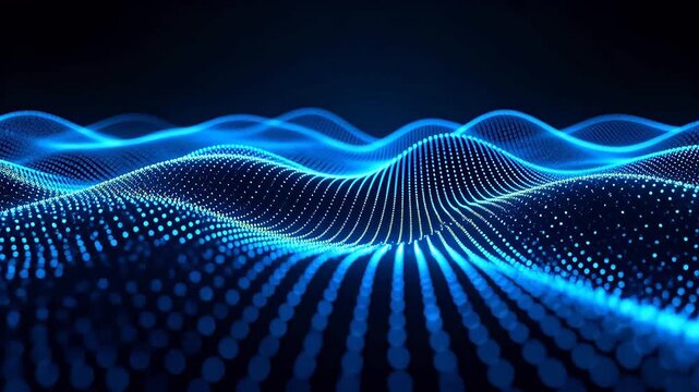 Abstract digital wave grid with glowing blue nodes on dark background