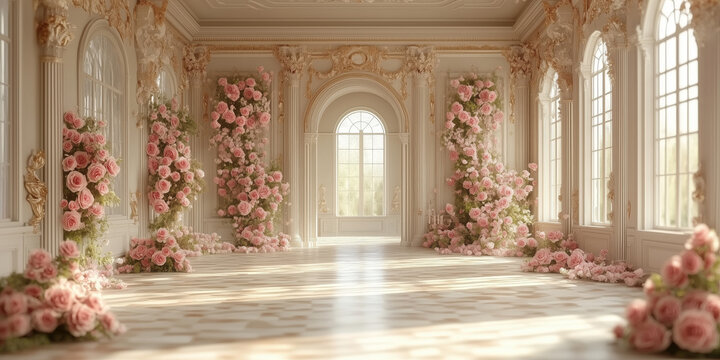 Luxury Palace Interior with large windows and white walls decorated pink roses and flowers compositions. Wedding background. Classic castle interior