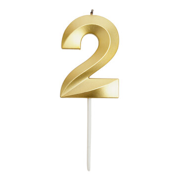 Golden candle in shape of number two on transparent background. Birthday cake decoration for second year anniversary celebration. Festive accessory for party and event festive cake topper design.