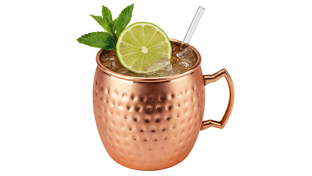 IA generated. Classic Moscow Mule cocktail in a hammered copper mug with condensation, garnished with a lime slice and fresh mint leaves, isolated on white background.